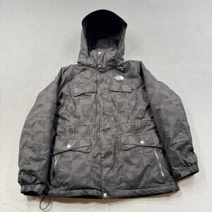 The North Face Parka Jacket Womens Medium Black Geometric Hooded HyVent 600 Down